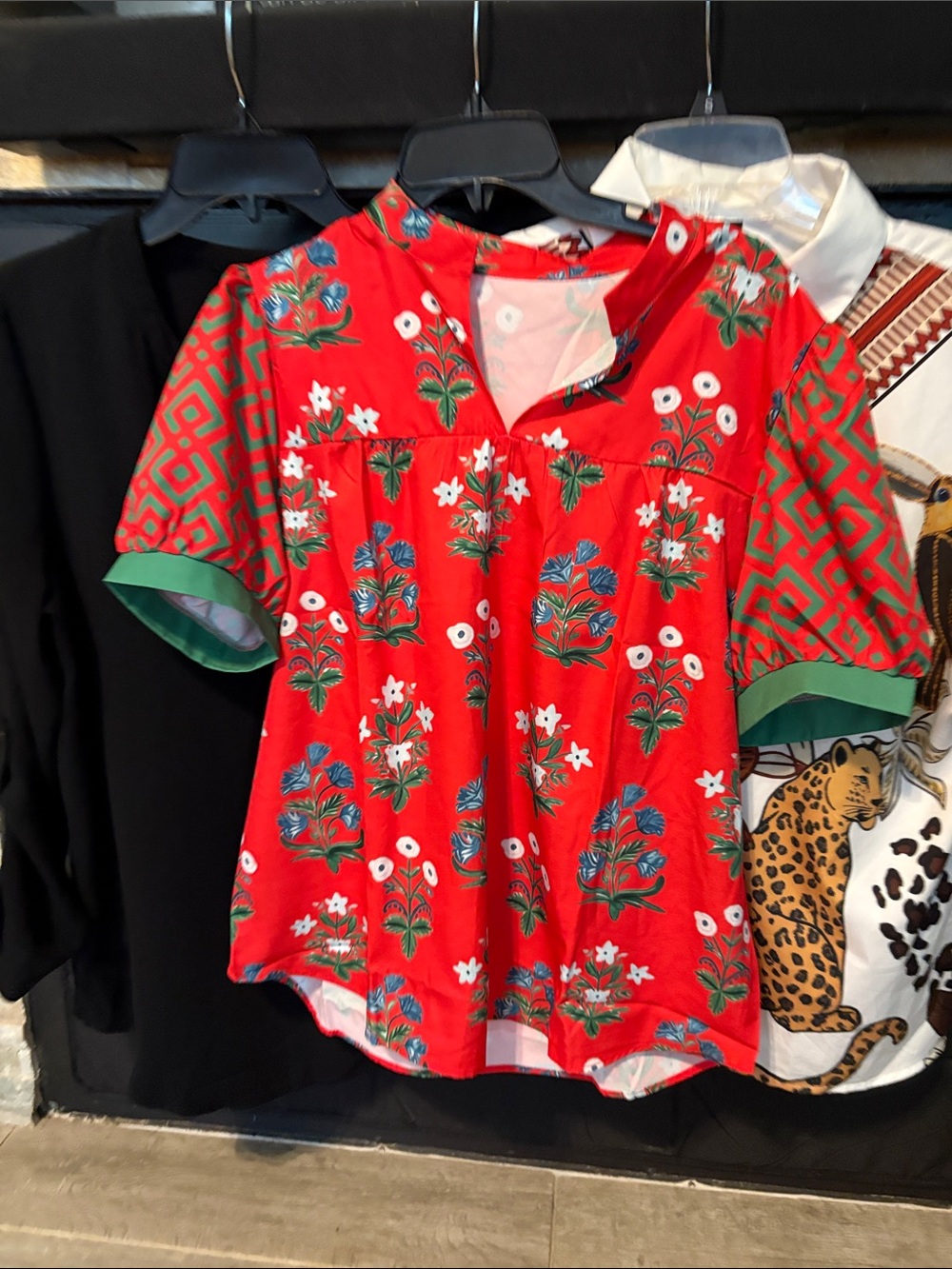 Mixed Print Short Sleeve Button-Up Top - White with Animal Print - Picture 9 of 10